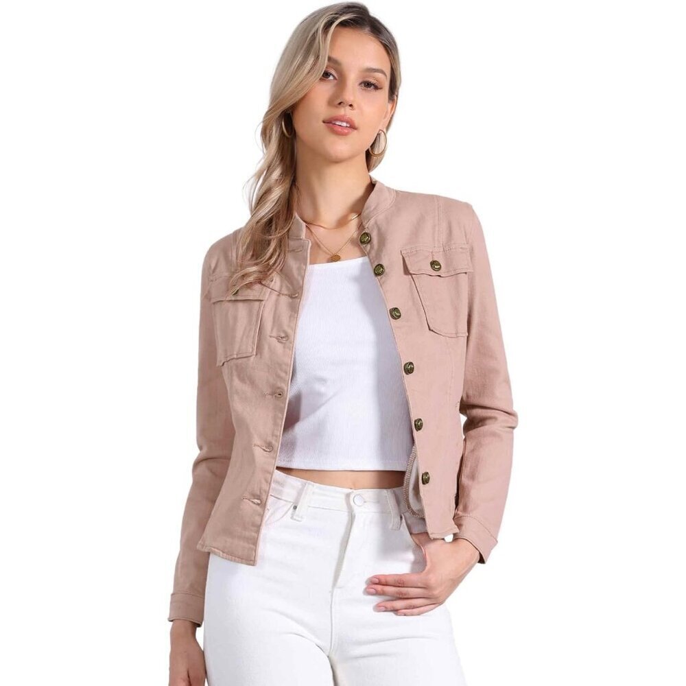 Women's Casual Denim Jacket Classic Stand Collar Long Sleeve Jean Jacket Pink